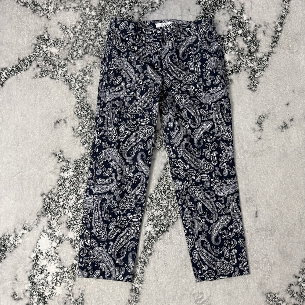 Loft Pants Womens Sz 4P Blue White Paisley Print The Rivera Slim Pull On Stretch
